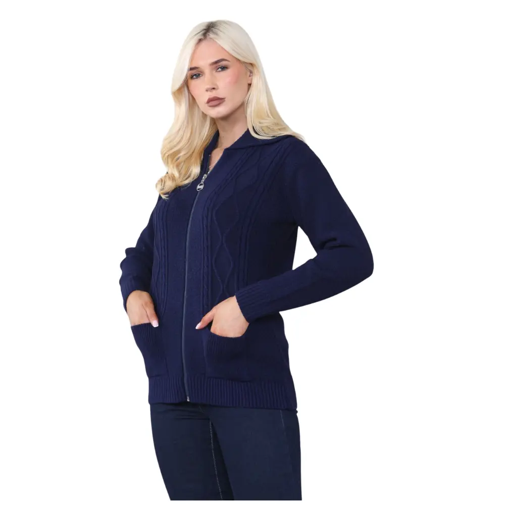 HUBIBUBI Womens Zipped Cable Knit Long Sleeve Collar Cardigan Ladies Diamond Self-Pattern, Collared with 2 Pockets Pullover Jumper Top Zipper