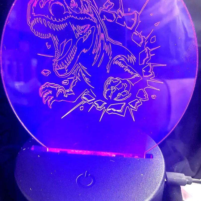 Handmade T-Rex Acrylic Lamp with Colour Changing Engraving - Unique Home Decor Lighting