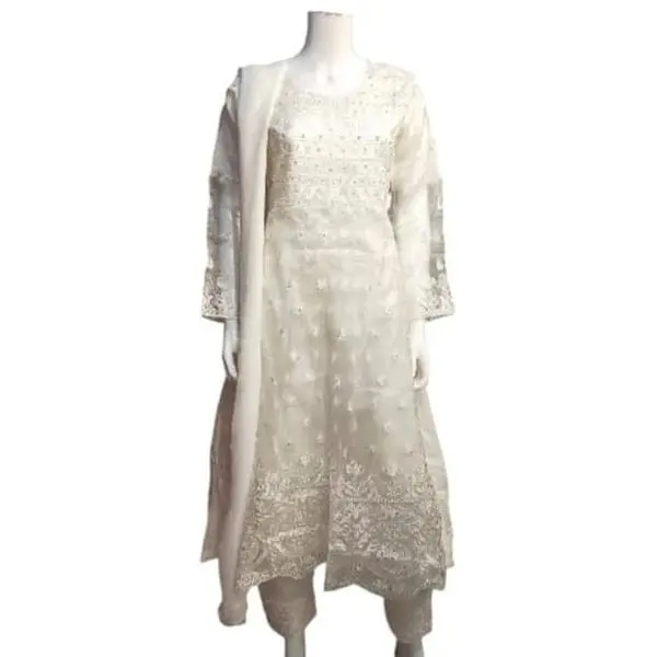 White 3 piece long dress organza material with simple trousers and a plain white chiffon dupatta