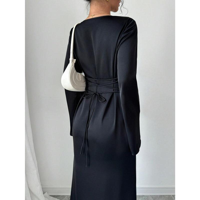 PETITE 1pc Women's Satin Solid Color Long Flare Sleeves & Back Tie Elegant & Romantic Mermaid Hem Dress, Petite 1