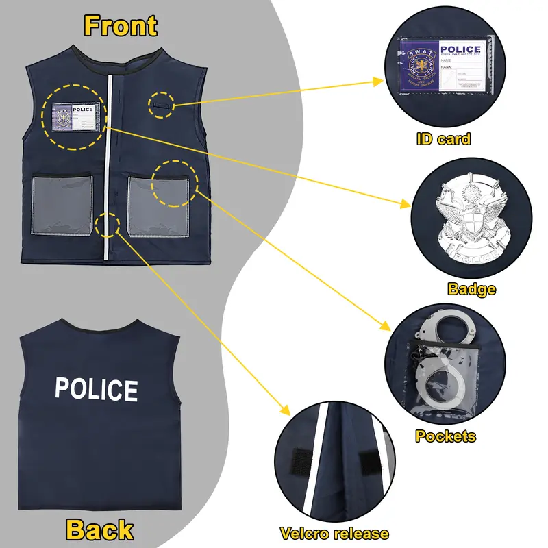 deAO Police Costume Set for Kids – Role Play Toy Set with Vest, Hat, Walkie-Talkie, Flashlight, Whistle, and Accessories – Ideal Christmas or Halloween Gift for Children Aged 4-6 Years Old 2