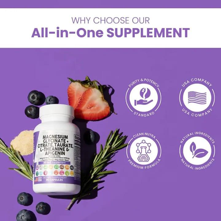 Product Introduction of Nutrition Magnesium Glycinate Complex 1000mg with L-Theanine 200mg Apigenin 50mg Citrate Taurate Supplement - 5-HTP GABA Passion Flower Lemon Balm L-Glycine Phosphatidylserine Ashwagandha - 60 Count Healthcare Dietary Fitness 3