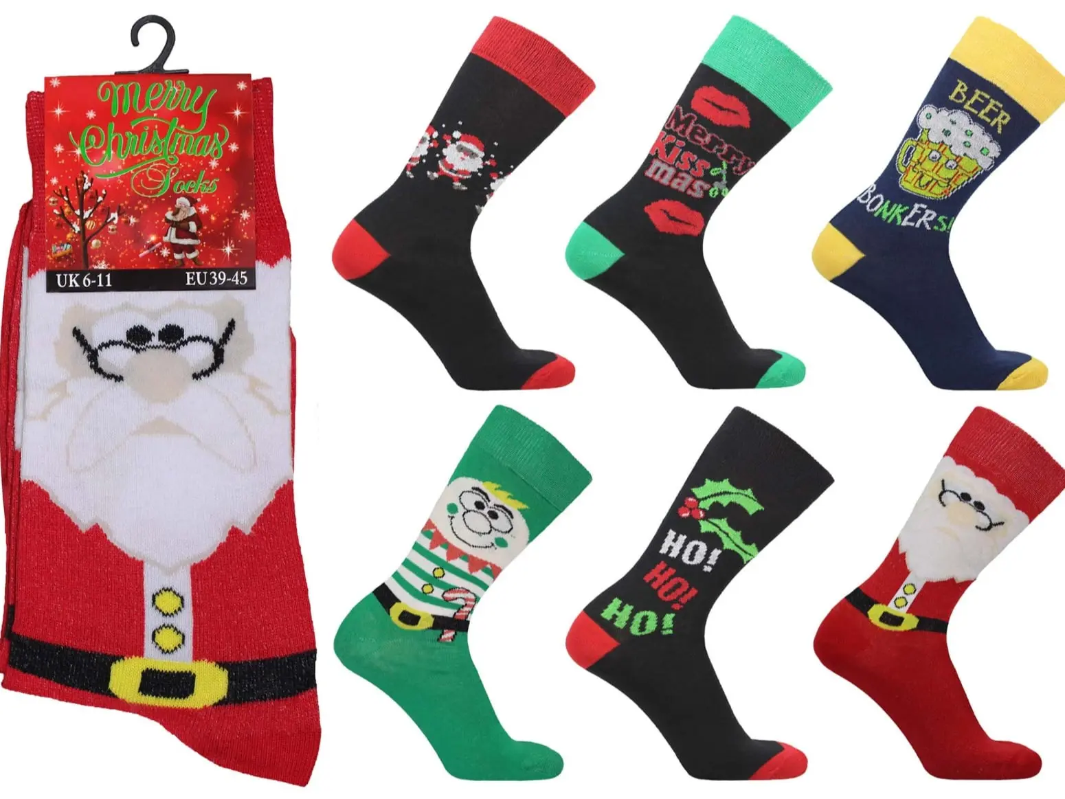 Mens Festive Christmas Socks - 6 Pairs of Novelty Xmas Socks - Ideal Stocking Filler - Santa, Menswear
