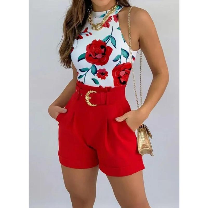 Women Fashion Summer Two Piece Set Sleeveless Floral Vest Shirts + Short Pants Female Elegant Y2K 2Pcs Set Streetwear 1