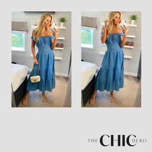 ChicHero Button Front Elasticated Strap Denim Casual Midi Dress Fit Womenswear Style Vintage Summer Fitted Basic Minimalist