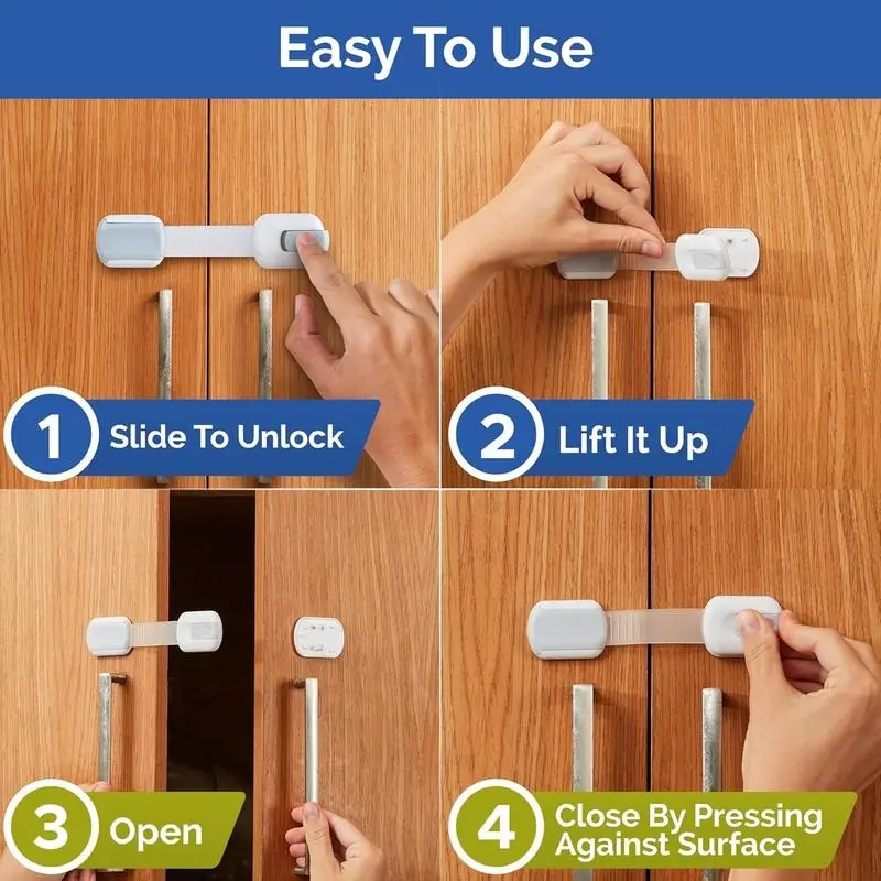 Child Safety Strap Locks (4-Pack) Baby Locks for Cabinets and Drawers, Toilet, Fridge&amp; More.3M Adhesive Pads.Easy Installation.(White/Gray) 2