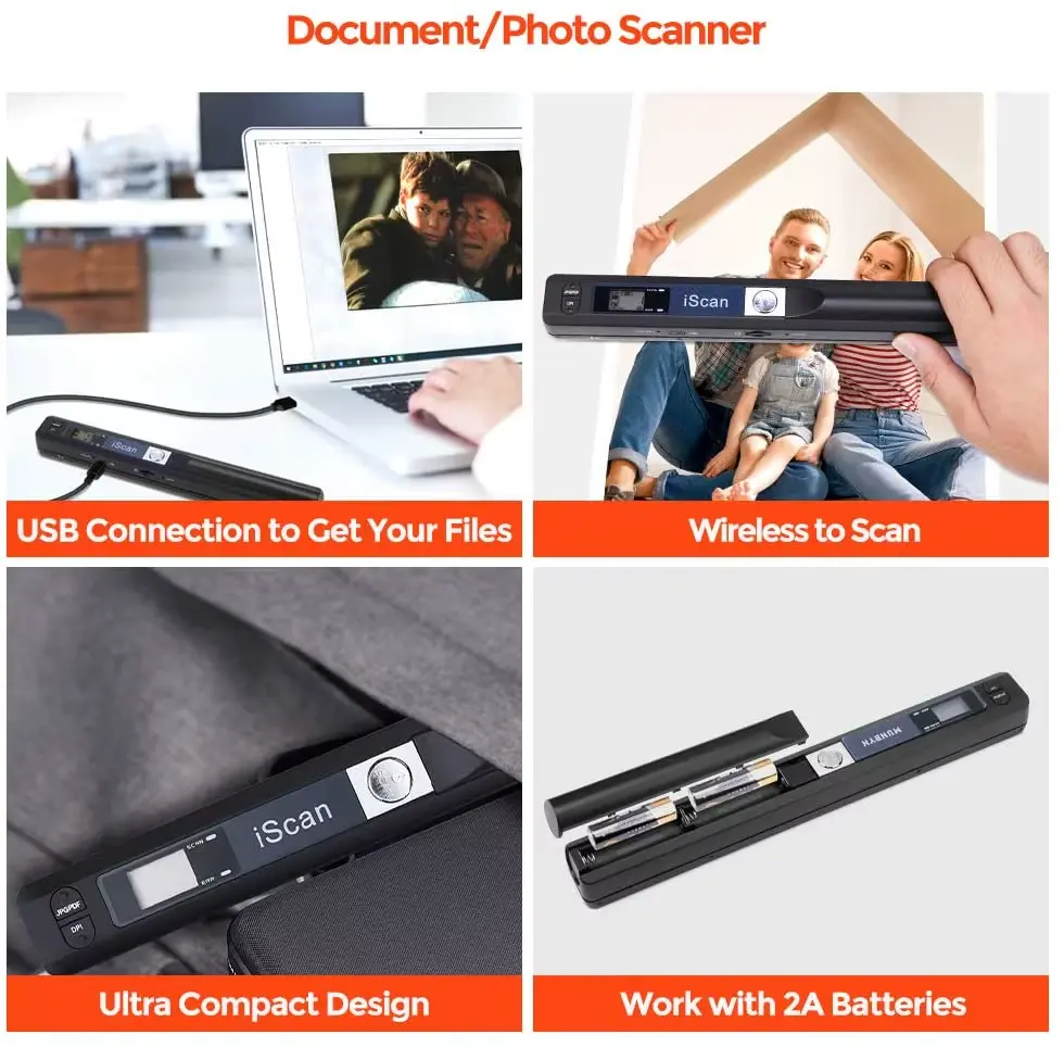 Iscan Portable Scanner - Handheld Scanner Photos Receipts A4 Document Scanner 900DPI for School Home Business