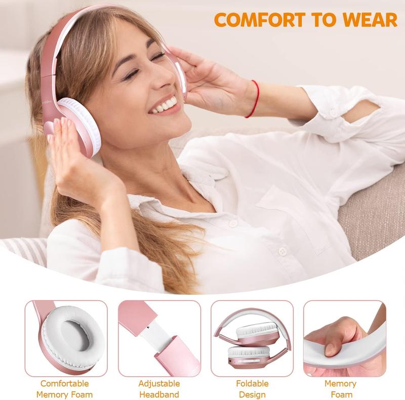 Bluetooth Headphones Over Ear, 68H Playtime and 3 EQ Music Modes Wireless Headphones with Microphone/Deep Bass, HiFi Stereo Foldable Lightweight Headset for PC Home Travel Office (ROSE GOLD) 3