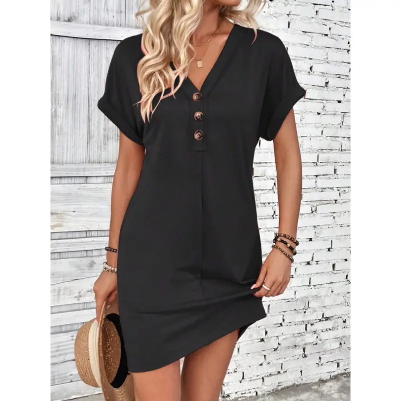Plain Button V Neck Tee Dress for Women, Casual Comfort Shortsleeve Batwing Sleeve Short Dress for Summer, Summer Dresses 2025, Fashion Women's Dress, Birthday Dresses 2025, Wedding Guest Dress 8