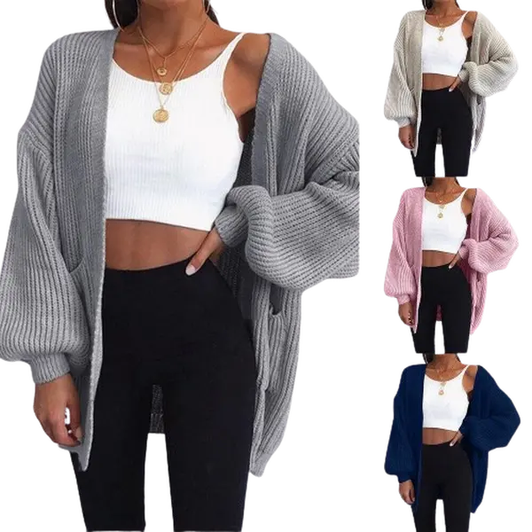 Womens Chunky Knitted Oversized Cardigan Ladies Balloon Sleeve Short Cardigans Comfort Fit Knitwear Long Sleeve Womenswear Clothing Comfortable Dress Love Piece Style Tops Underwear Lady Basic Longsleeves Minimalist Batwing Vneck