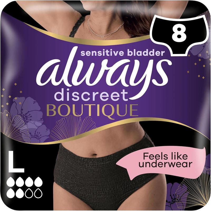 Always Discreet Boutique Underwear Incontinence Pants Plus L Black X 8, for Sensitive Bladder, Locks Away Odours, Wetness and Prevent Leaks Comfort Comfortable Panties Womenswear Style 0