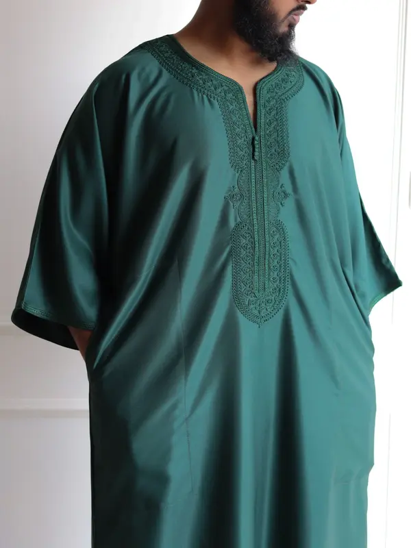 Classic Premium Summer Moroccan Thobe | Gabardine | Double Pocket | Elegant Embroidered Gandoura for Men 3