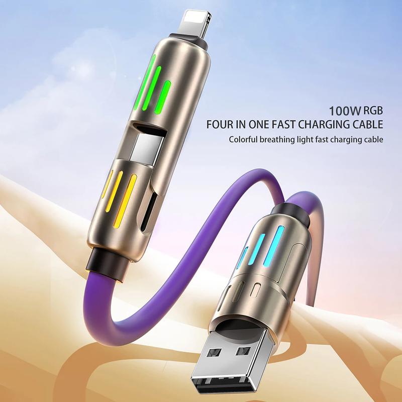 Product Introduction of 100W 4in 1 Functional Super Fast Charge USB Type C Liquid Silicone Aluminum Alloy Data Cable for iPhone for SamSung Xiaomi Redmi, Oneplus, And Xiaomi OnePlus, USB C Charging & Data Sync Cord Wire 4