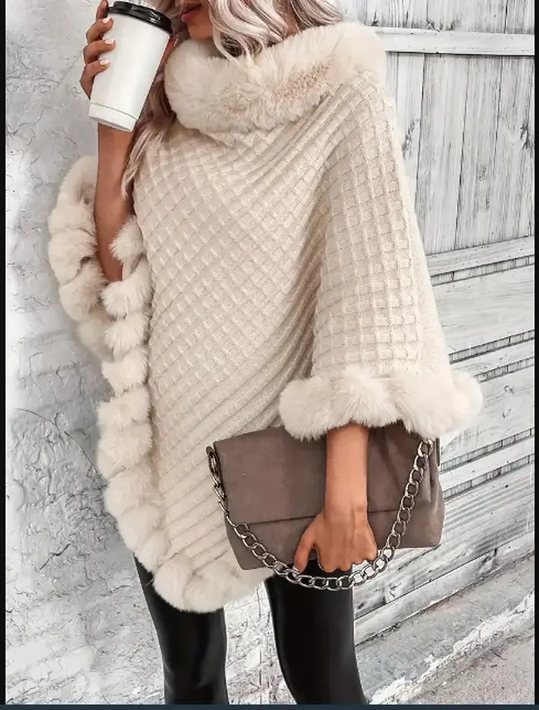 Solid Waffle Grid Fuzzy Trim Poncho, Elegant Thermal Hanky Hem Crew Neck Cape For Fall & Winter, Women's Clothing