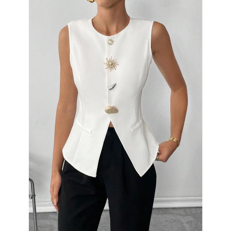 Siren Gaze Chalecos Para Mujer White Hardware Button A-Slit Vest Top Women's White Sleeveless Vest With Metal Buckle, Autumn 1