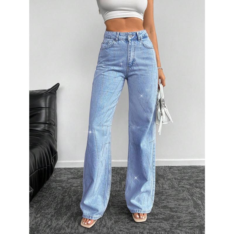 Product Introduction of ​Women's BottomsWomen's Loose Wide Leg Jeans With Rhinestone Decor【S30】 Womenswear Bottom Trouser Pants Streetwear Denim Comfort Wideleg Pocket Basic Blue Minimalist whale  tail  baggy  jeans 22