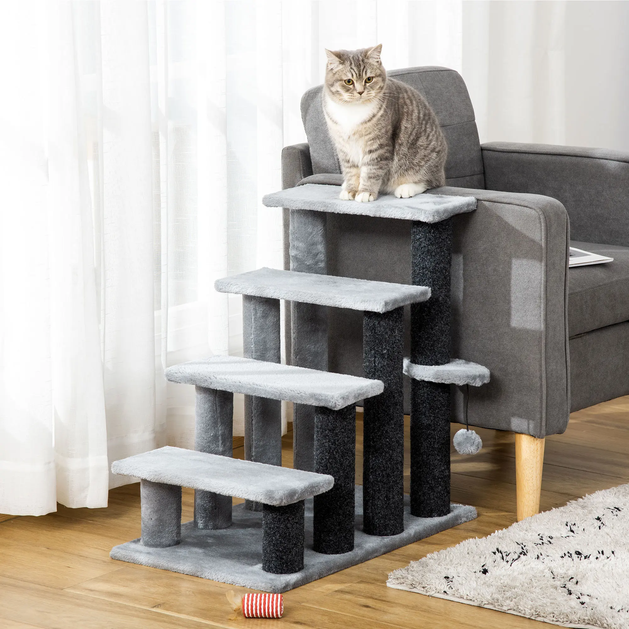 Grey Cat Stairs with Scratching Posts - Perfect for Your Feline Friend