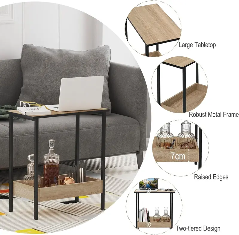 WOLTU Coffee Table, Side Table with 2 Shelves, Bedside Table Easy Assembly, Living Room Table, Small Table with Black Frame and Light Oak Shelves, 50x55x25cm coffee table BTS03hei 3