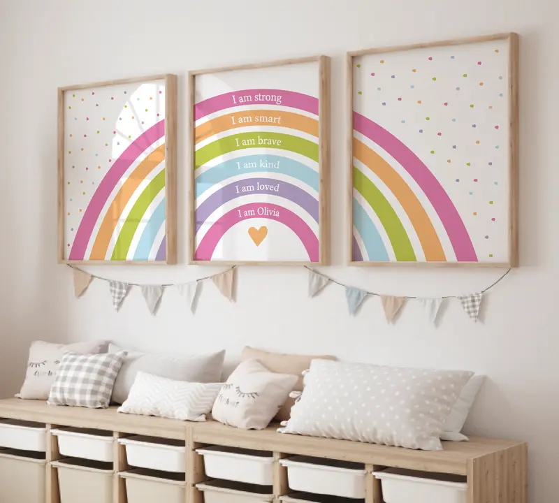 Set of 3 Girls Rainbow Prints, Affirmation Girls Prints, Rainbow Nursery Wall Art, Bright Colours, I am Print, Personalised Name Print, Girls Bedroom Print Playroom, Girls Room Decor, Girls Room Makeover Gift Photo Poster Satin etsy  prints 0