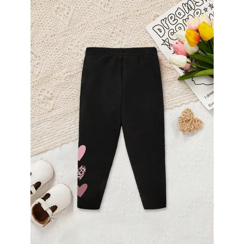 Baby Girl Casual Cute Cartoon Heart & Leopard Print Pattern Leggings, Versatile Black Cotton Blend Pants Suitable For Spring/Summer 2