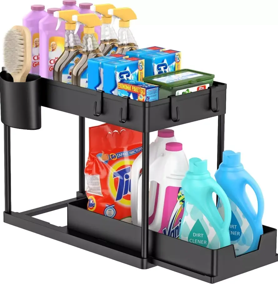 2 Tier Pull Out Basket Drawer Kitchen Under Sink Cupboard Organiser Storage RackHangable towels and More, 40*21.8*38cm (L×W×H) Stainless Standing Room Hollow Hanging