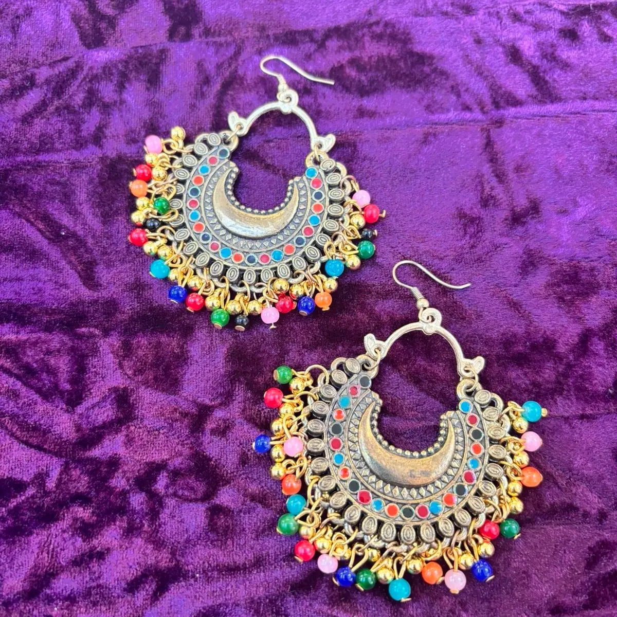 Antique gold boho earrings with multi coloured beads