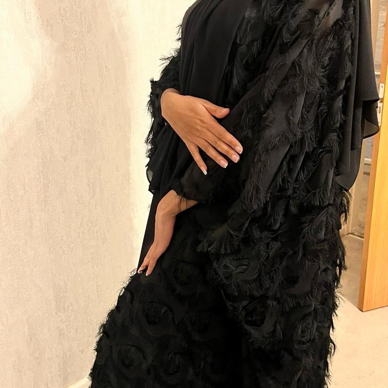 3 Peice Feather Ruffled Open Abaya in Elegant Design 6