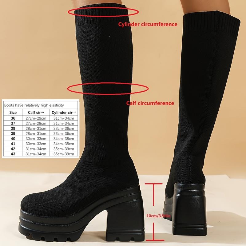 Women's Solid Color Platform Boots, Slip On Soft Sole Casual Chunky Heel Stretch Boots, Versatile High Knee Slim Boots Walking Shoes Girl 3