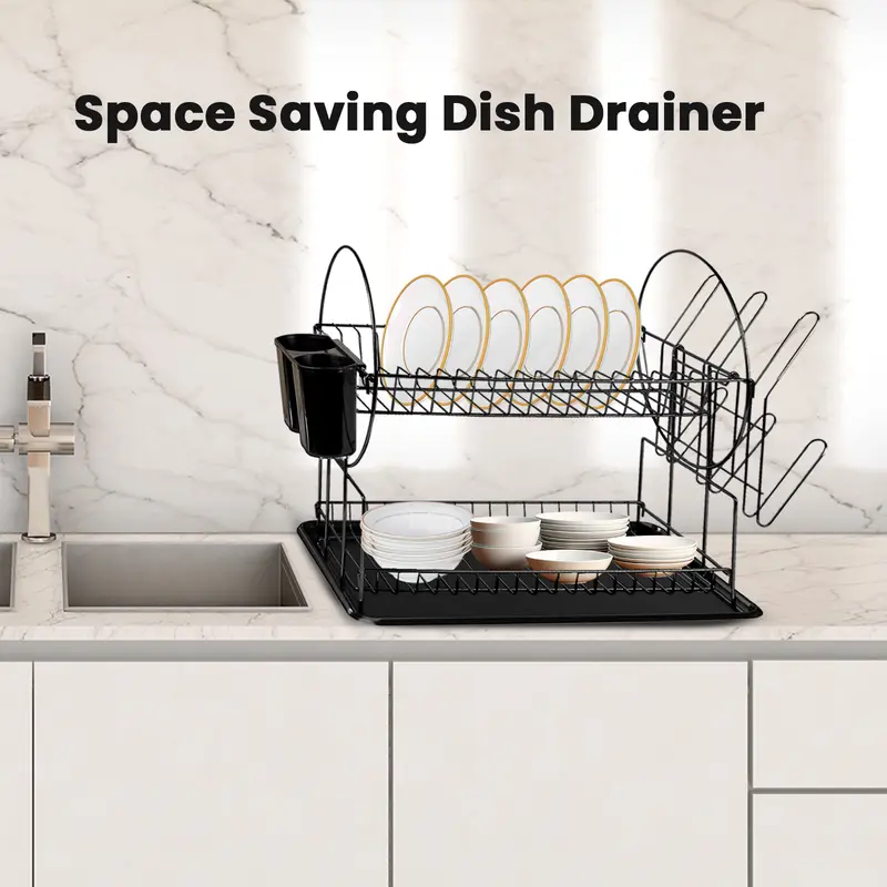 2 Tier Black Dish Drainer Rack with Drip Tray Stainless Steel Draining Dish drainer with Draining Board and Utensils Holder Dish Drying Rack for Small Kitchen Counter top Organiser draining rack Room Room 4