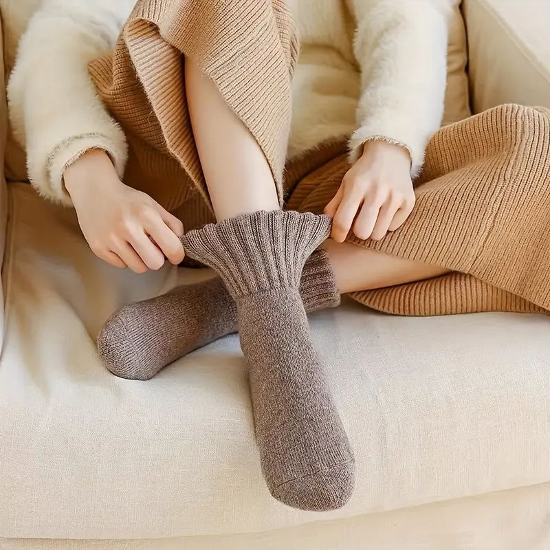 Product Introduction of A&H     Women's Soft and Cozy Thick Terry Snow Socks (5 Pairs) - Mid-Calf Length, in Beige and Brown Solid Colors, Polyester Blend, Perfect for Cold Weather, Adorable and Warm 3