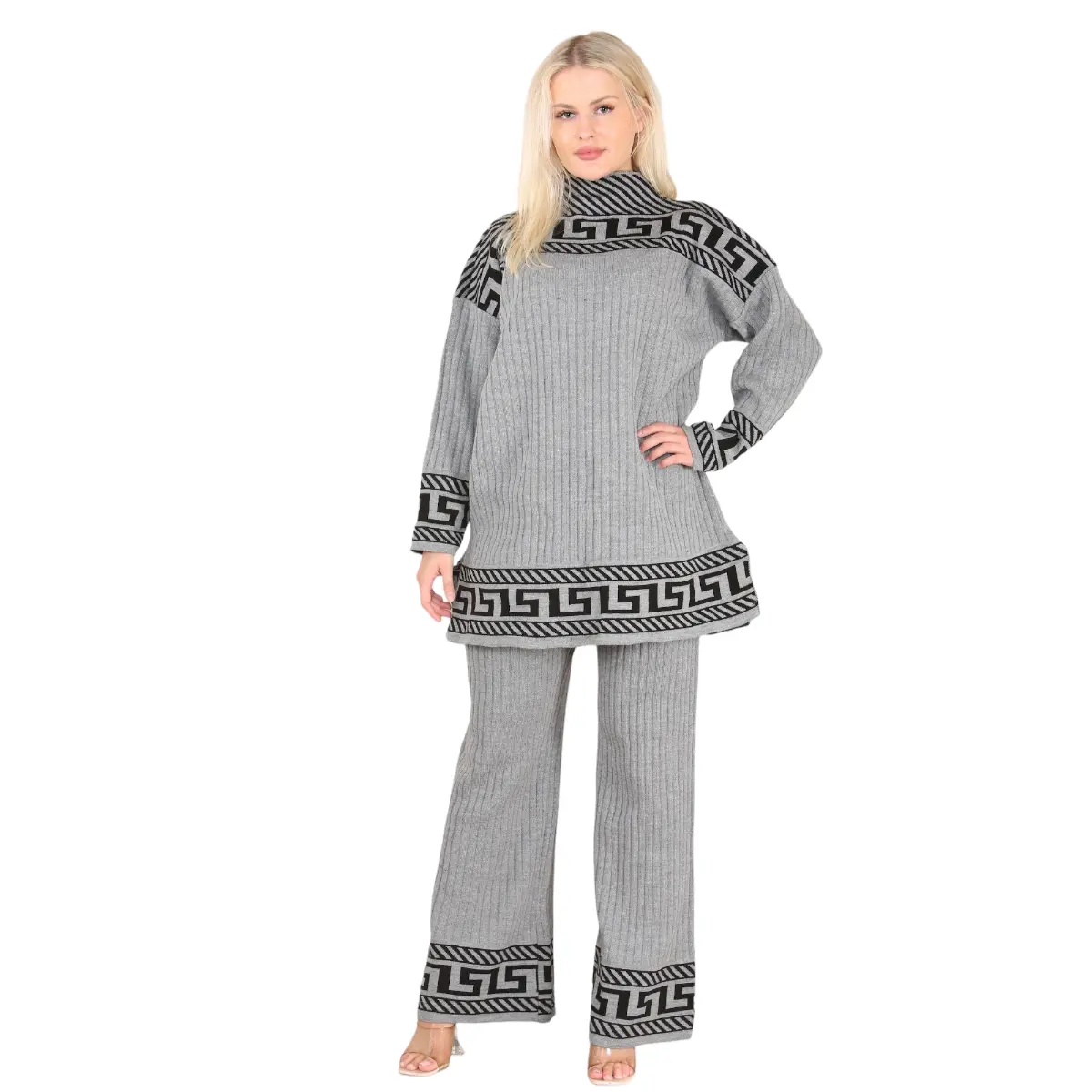 Ladies casual loungewear High neck women Ribbed knitted Geometric print 2pc suit Set One Size 12-18 Dress Fabric Soft Womenswear