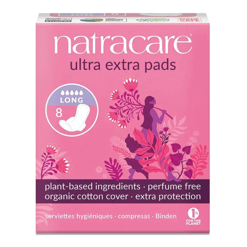 Natracare Ultra Extra Pads Long with Wings - Comfortable Plant-Based Pads for Night with Extra Cushion Layer