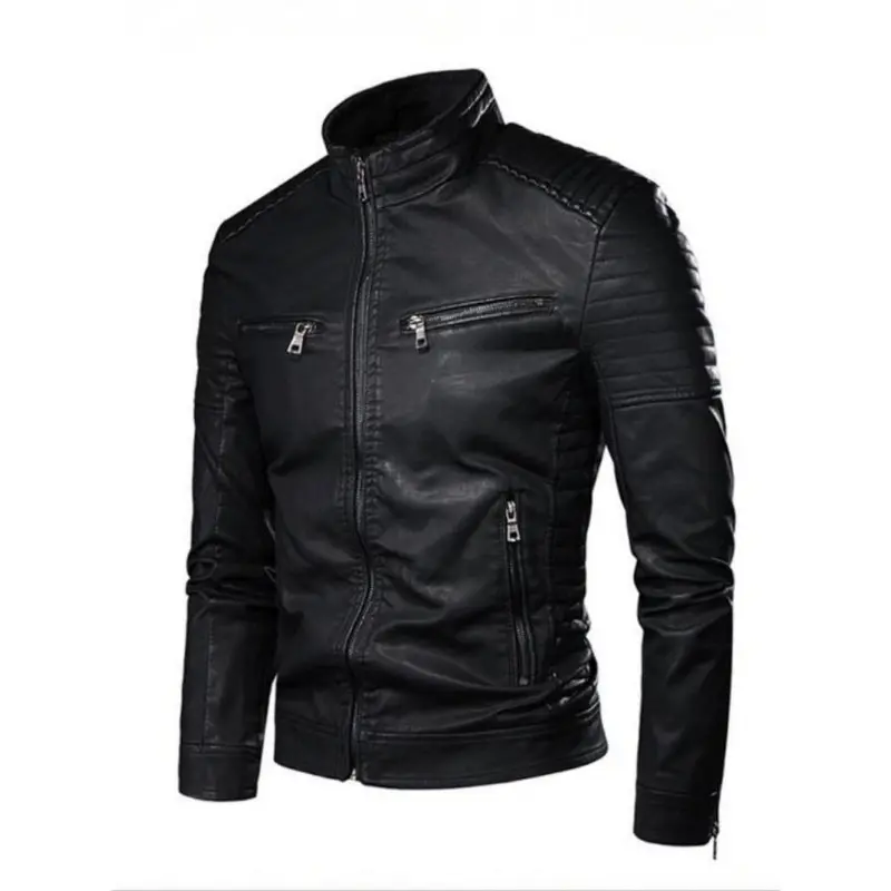 Men's Solid Zip Up Mock Neck Faux Leather Jacket, Slim Casual Long Sleeve Outerwear for Fall & Winter, Men's Clothes for Daily Wear