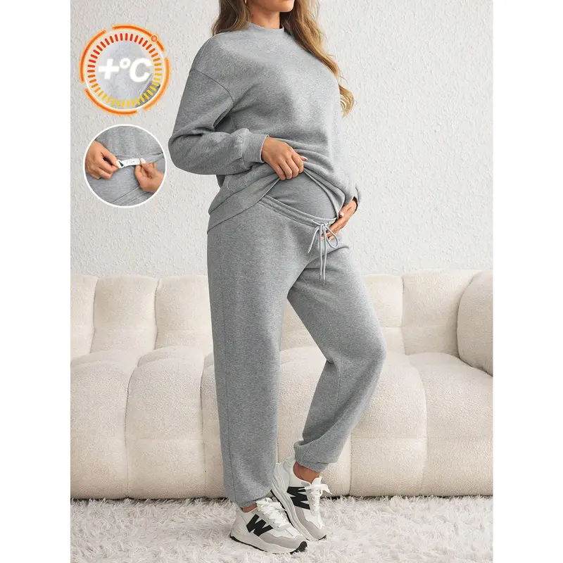 Maternity 2PCs set-long sleeve solid color sweatshirt & drawstring waist stretchy leggings, autumn/winter 0
