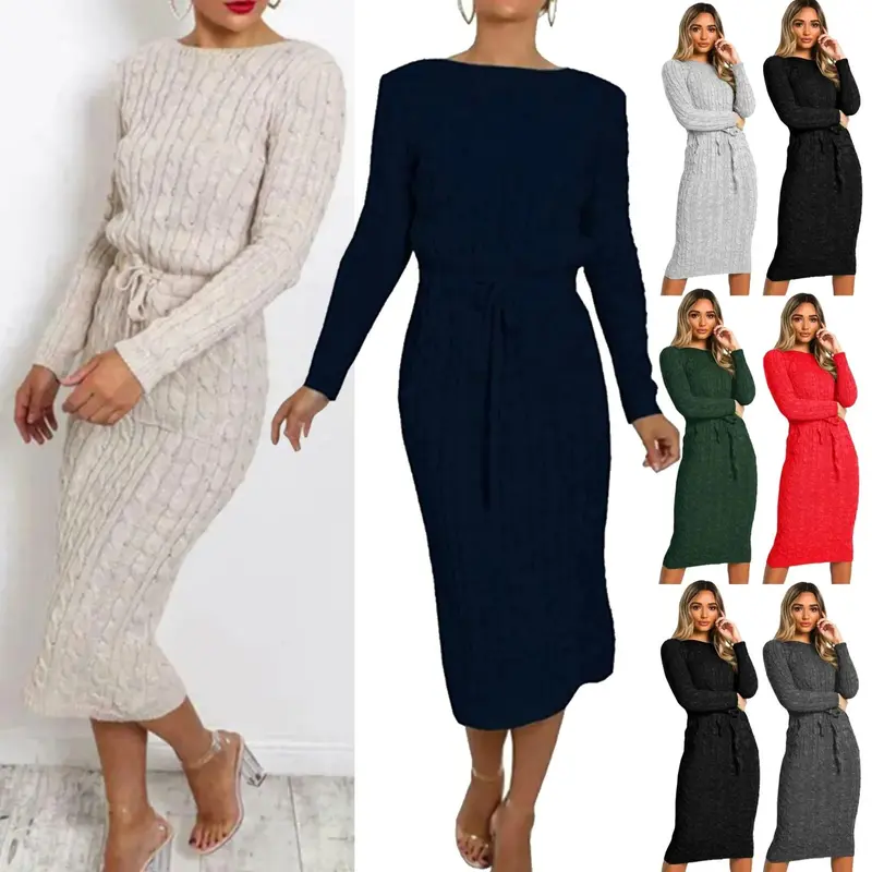 Ladies Women long Midi Cable Knitted Pocket Tie up Party Jumper Dress Casual Comfort Crewneck Soft Womenswear Chic Comfortable Cute Piece Sleeve Style Summer 0