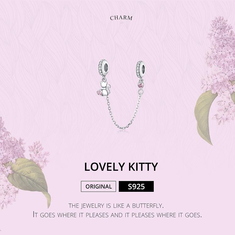 Genuine 925 Sterling Silver I Love My Cat Safety Chain Charm Bead With Cubic Zirconia Compatible With Pandora Bracelets 7