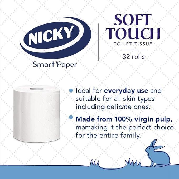 Product Introduction of Nicky Soft Touch Toilet Tissue |Extra Value Pack – 32 Rolls of Extra Gentle White Toilet Paper |190 Sheets per Roll| 2-ply | Soft Tissue | Modern Embossing |Easy Opening | 100% FSC Certified Paper Wipes Kitchen 3