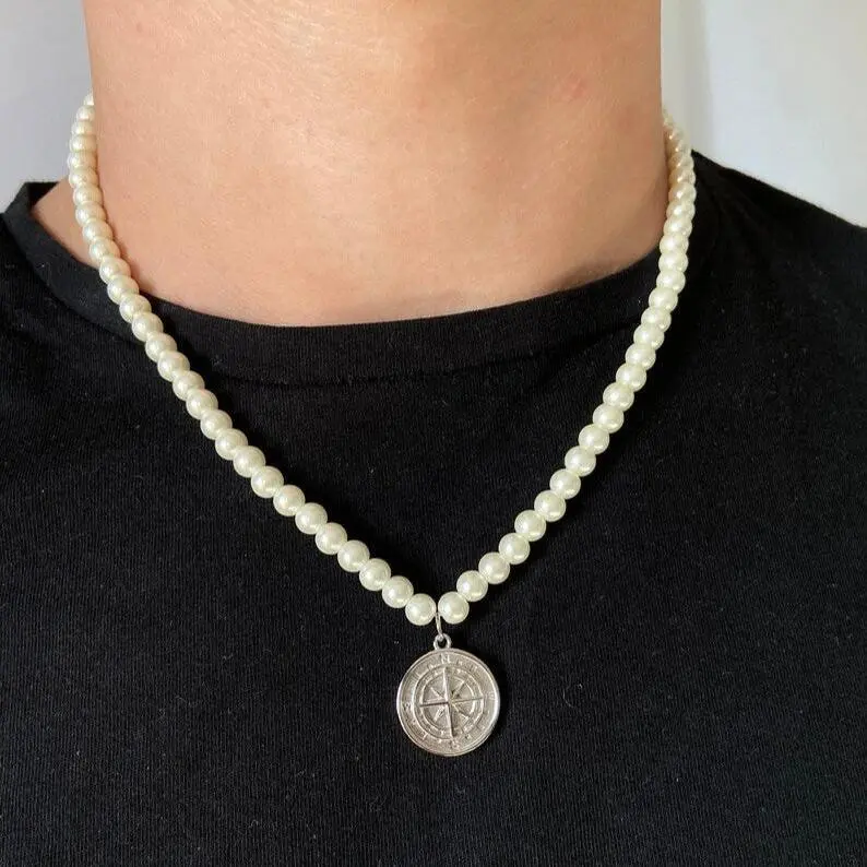 6mm Freshwater Pearl Compass Necklace - White Gold