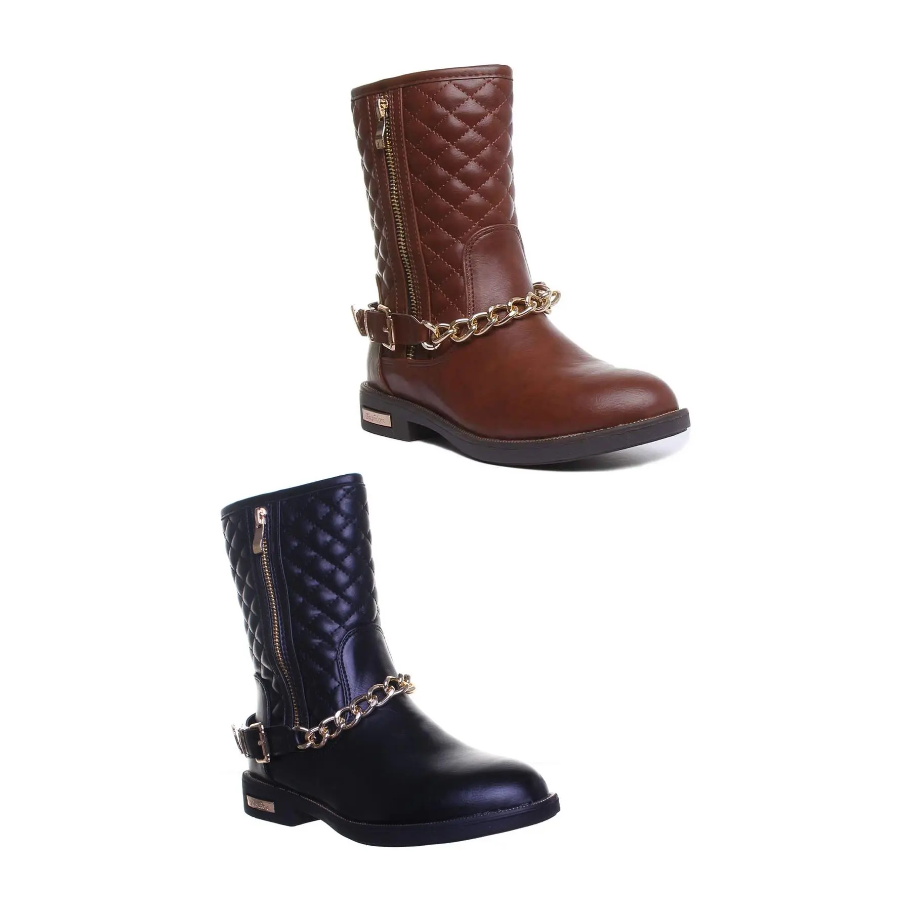 Womens Ladies Boots Walnut Gold Chain Quilted Boot In Brown/Black UK 2 - 8