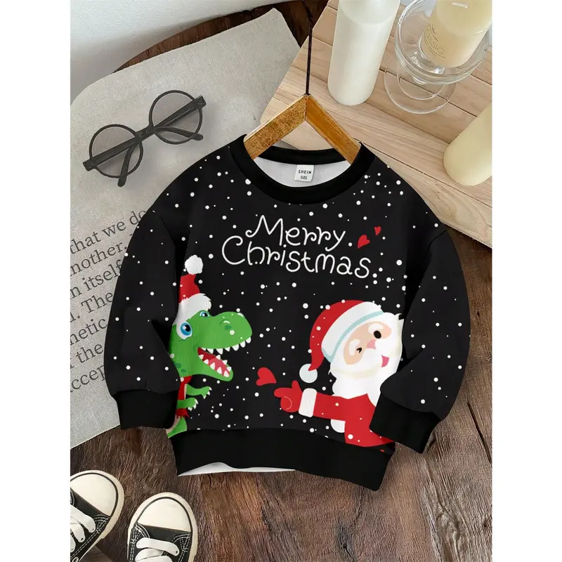 Merry Christmas, Santa Claus, Dinosaur Print Casual Loose Fit Crew Neck Soft Knit Pullover Sweatshirt, Suitable For Baby Boy In Autumn/Winter 2
