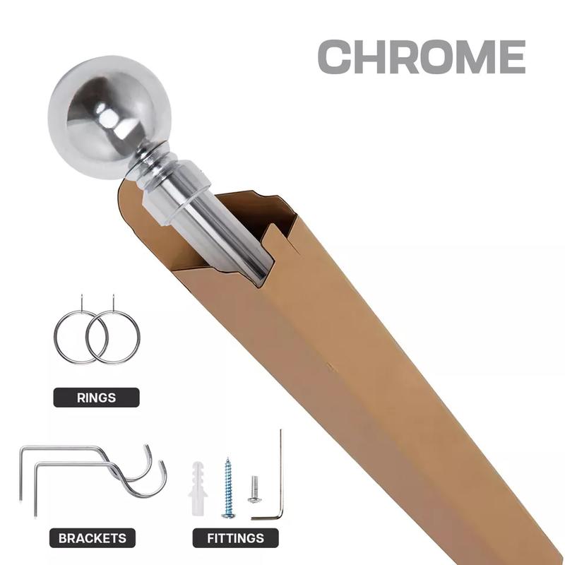Metal Curtain Pole Extendable Chrome 28mm with Finials Rings Hooks Rod Fittings - Rust and Corrosion Resistant 4