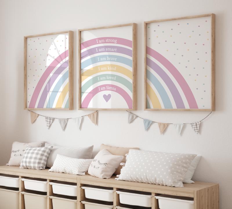 Set of 3 Girls Rainbow Prints, Affirmation Girls Prints, Rainbow Nursery Wall Art, Bright Colours, I am Print, Personalised Name Print, Girls Bedroom Print Playroom, Girls Room Decor, Girls Room Makeover Gift Photo Poster Satin etsy  prints 2