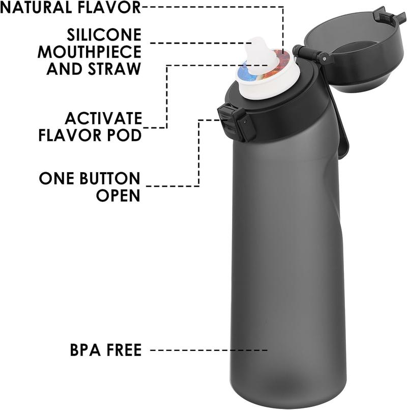 Product Introduction of Air Water Bottle 5 Flavor Pods Up 22oz Fruit Fragrance Scented Water Cup BPA Free 0% Sugar For Outdoor Sports,Gifts From Friends (1 bottle Matte Black+5 scent pods) 2