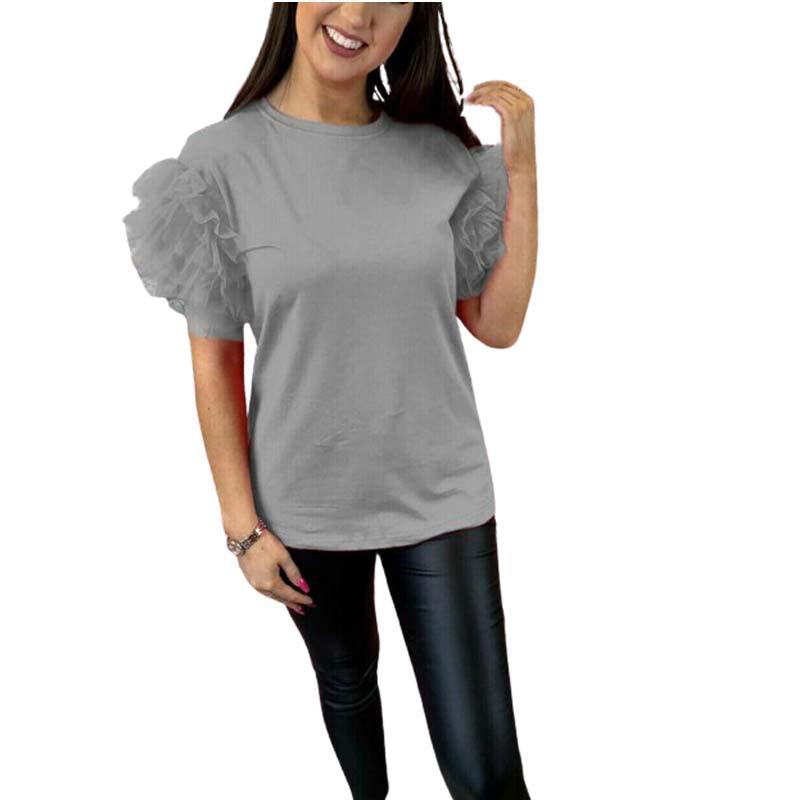 Womens Ladies Tulle Scoop Neck Frill Mesh Puff Short Sleeve Party Tee TShirt Top 2