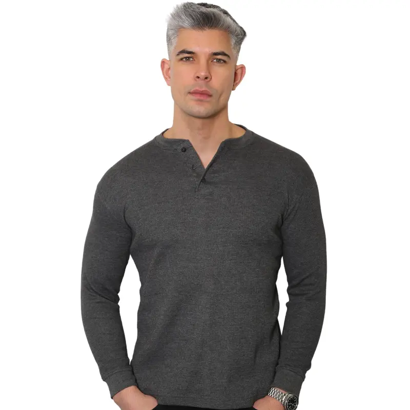 Mens Long Sleeve Henley Shirt Granded Neck Waffle Knit T-shirt Breathable and Comfortable Casual Top M - 3XL Plain Knitwear Jumper represent clothing Menswear Round Neck Grandpa Crewneck Knife Gamis Beige Biker Blue 5