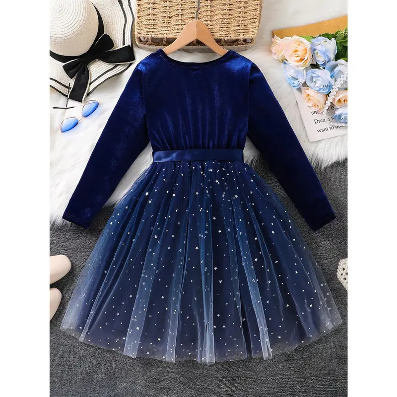 Tween Girl Elegant Casual Versatile Bow Waist Velvet Mesh Dress, Suitable For Christmas Party, Banquet And Daily Wear, Suitable For Spring, Autumn And Winter 1