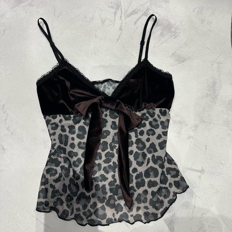 Leopard Print Mesh Cami Top with Brown Velour Bow Detail Y2K 90s Night Out Lightweight Style Statement 2