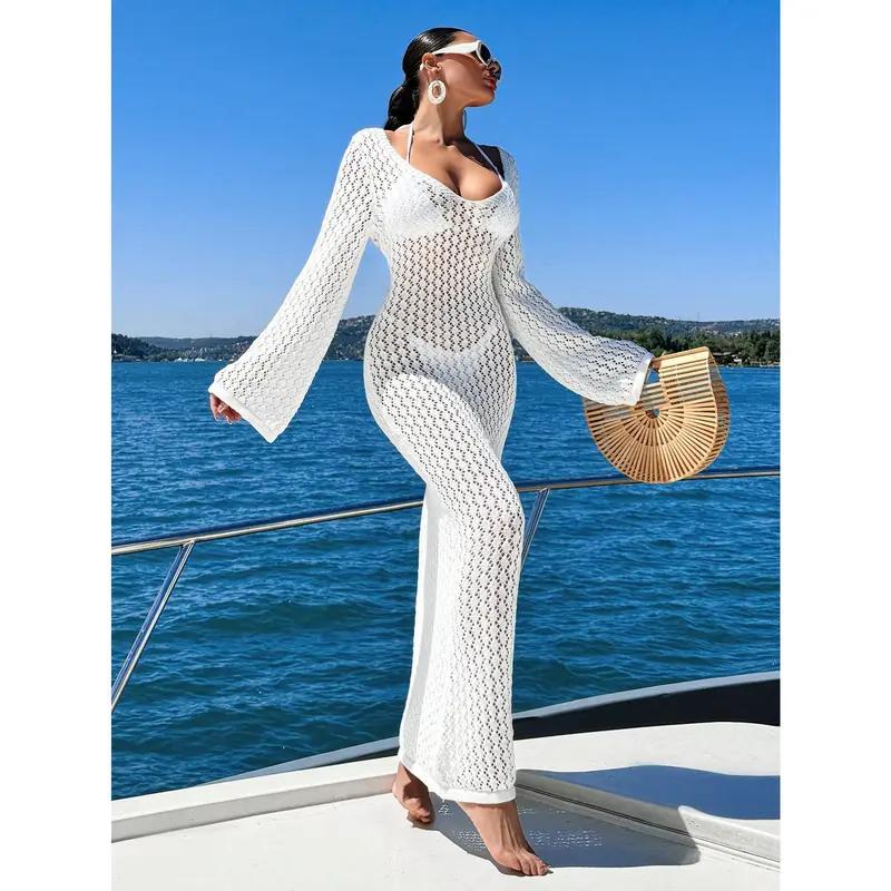 Women's Solid Color Long Knit Sheer Cover Up Dress For Daily Wear, Summer Beach Vacation Casual Fit Party Minimalist Womenswear Sleeve Comfort Fabric Basic Festival 1