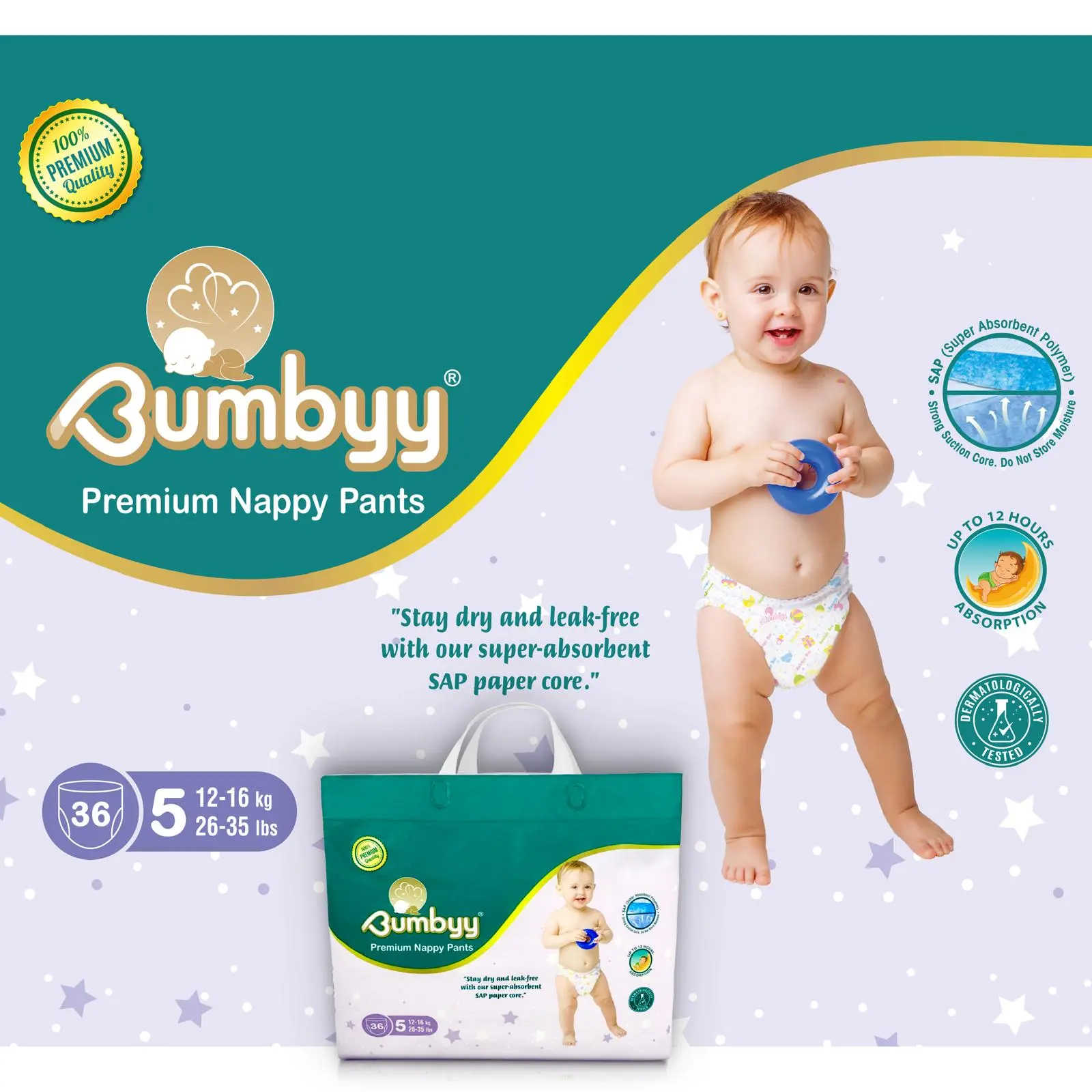 Bumbyy Premium Nappy Pants: Eco-Friendly, Hypoallergenic, Ultra-Absorbent SAP Core, 12Hr Leak-Free, Soft & Thin for Sensitive Skin (Size 5 12-16kg/26-35lbs)
