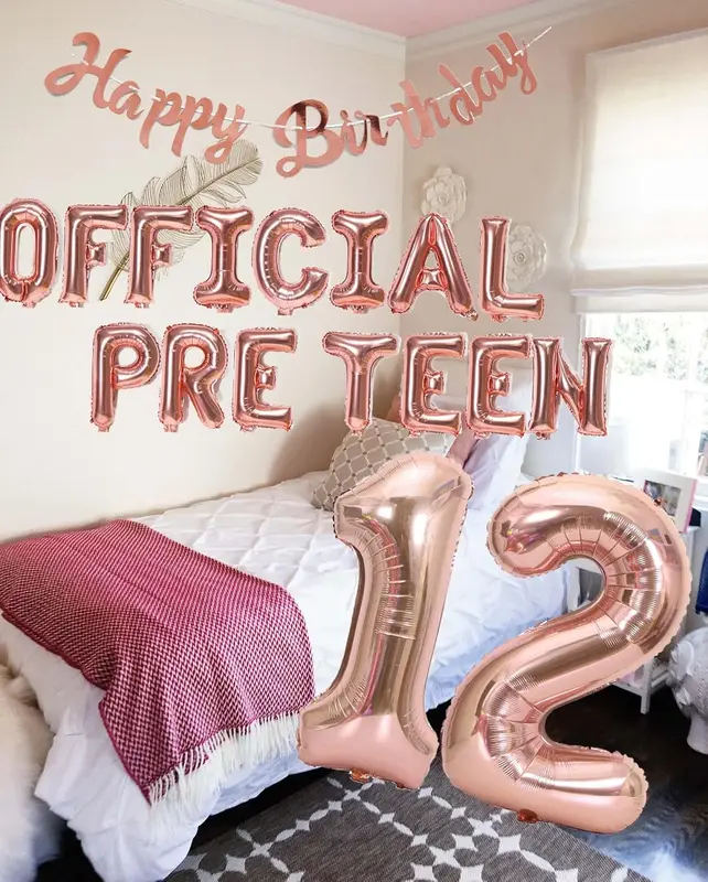 12th Birthday Decorations for Girls, Official Pre-Teen 12th Birthday Balloon Happy 12th Birthday Banner Number 12 Foil Balloons for 12 Years Old Birthday Anniversary Supplies Girls(Rose gold) 1